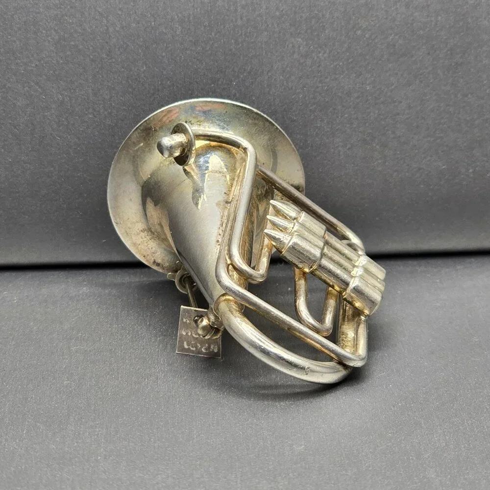 Vintage Taxco Sterling Silver French Horn Brooch Mexican Tuba Musical Pin TC-48 - Picture 3 of 12